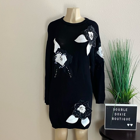 NWOT. BETH BRETT | Vintage 80s Wearable Art Black Sweater Dress Sz M - Picture 1 of 11